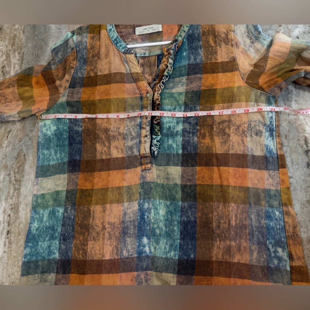 Women’s ANTHROPOLOGIE Isabella Sinclair plaid ruffled tunic acid wash top-Size M - Picture 6 of 8